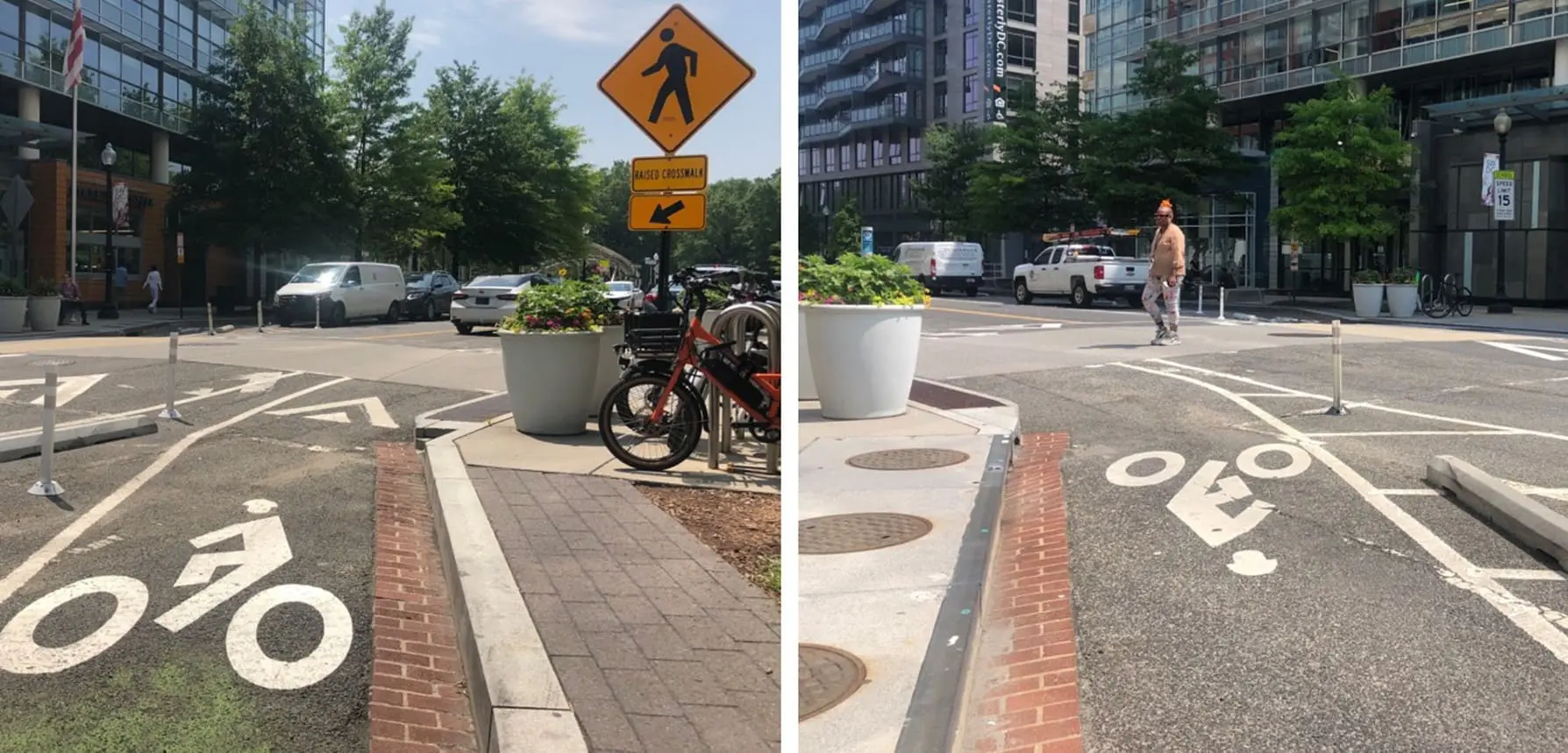 Side-by-side images of complete streets in Washington DC, including bike lanes and pedestrian access.