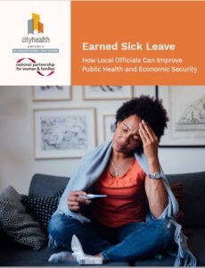 The earned sick leave policy report cover featuring a black woman wrapped in a blanket with a thermometer
