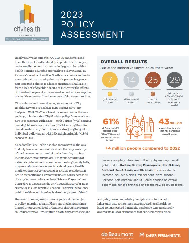 Image of front page of the 2023 CityHealth Policy Assessment report pdf 