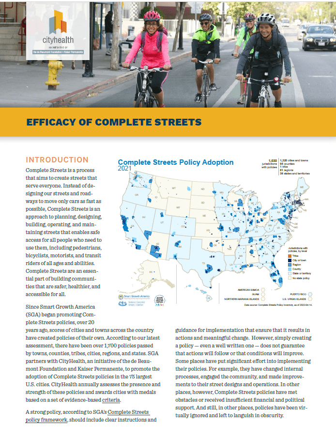 Cover of the Efficacy of Complete Streets document
