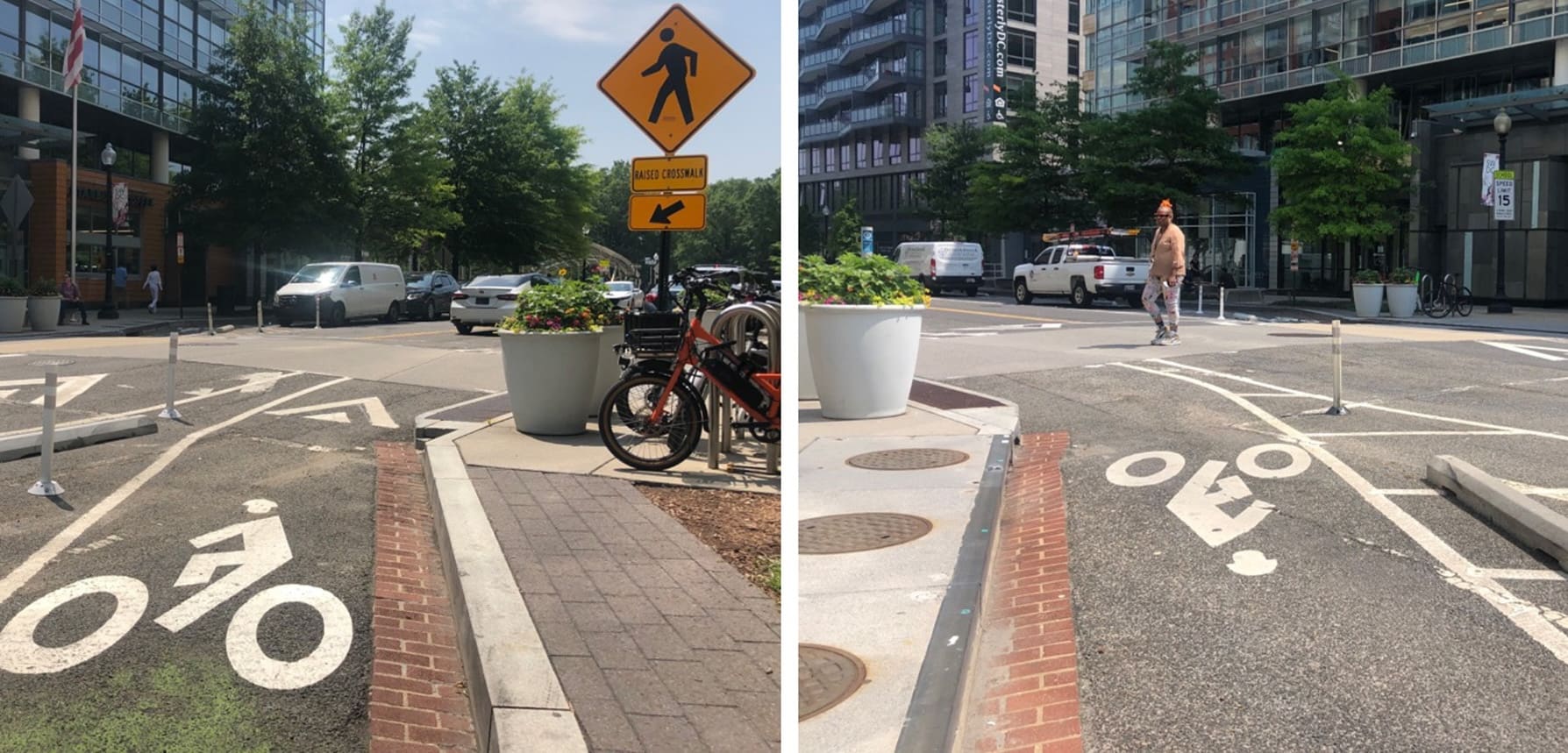 Side-by-side images of complete streets in Washington DC, including bike lanes and pedestrian access.