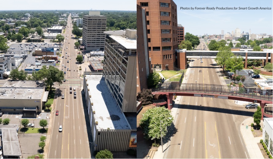 Aerial side-by-side comparison of a wide, multi-lane urban arterial road. The left half shows the corridor lined with surface parking lots, low commercial buildings, and a tall office tower and parking garage stretching toward the horizon. The right half shows a similar stretch of roadway with a red-brick building, a pedestrian bridge spanning the street, and a city skyline in the background.